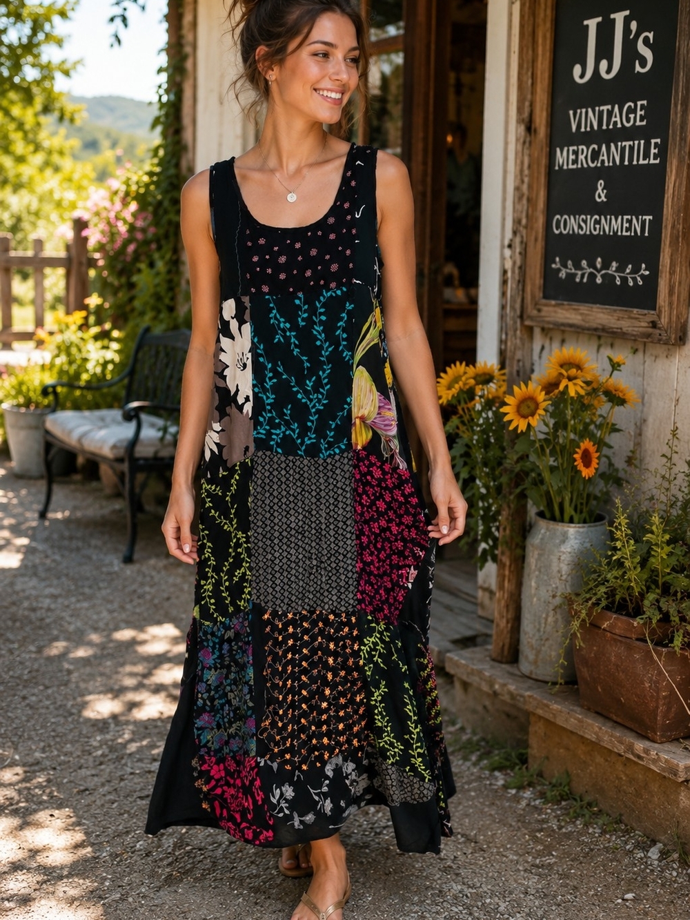 Sacred Threads Black Multi-Color Patchwork Maxi Dress